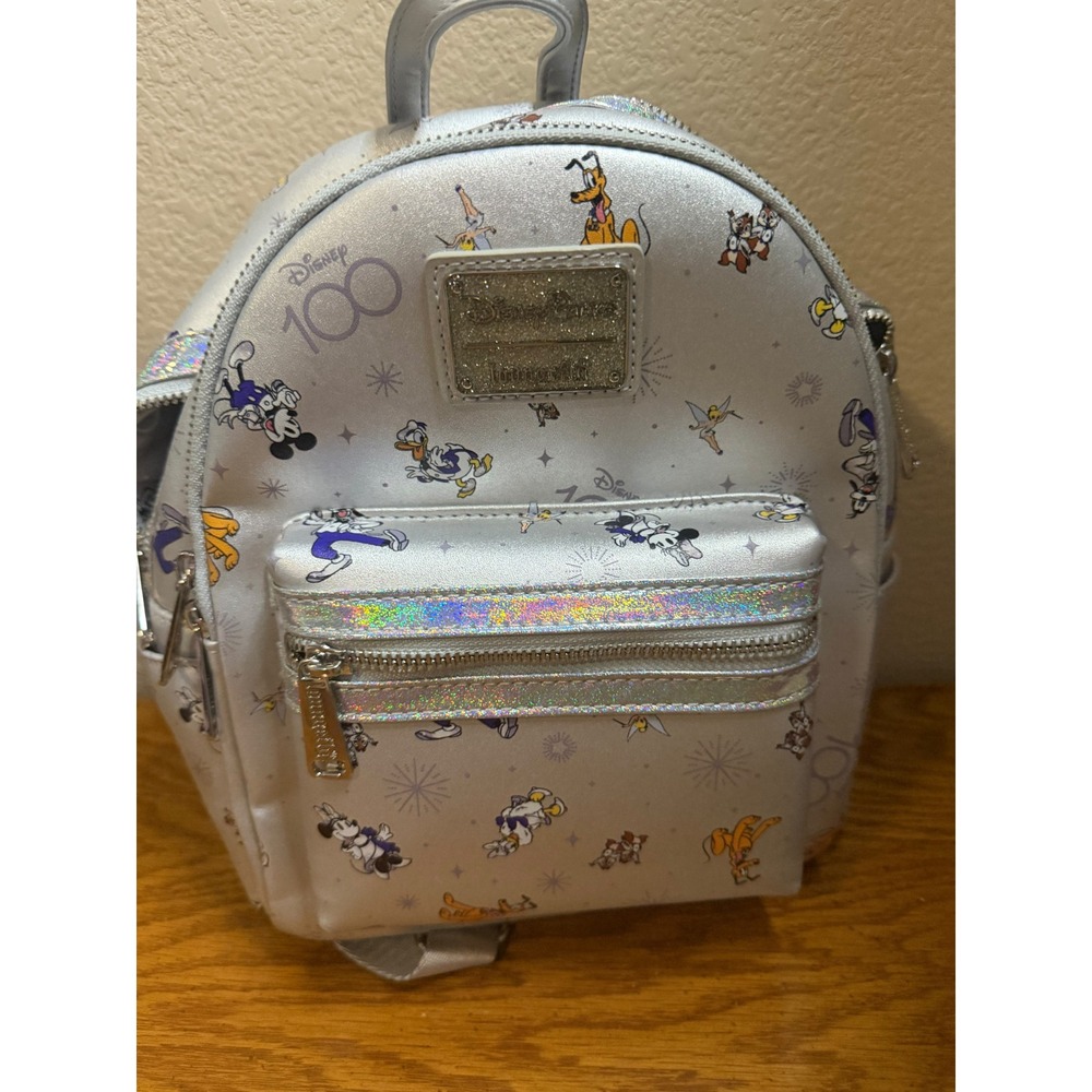 Disney Parks Loungefly 100th Anniversary Silver Metallic Mini Backpack Mickey
